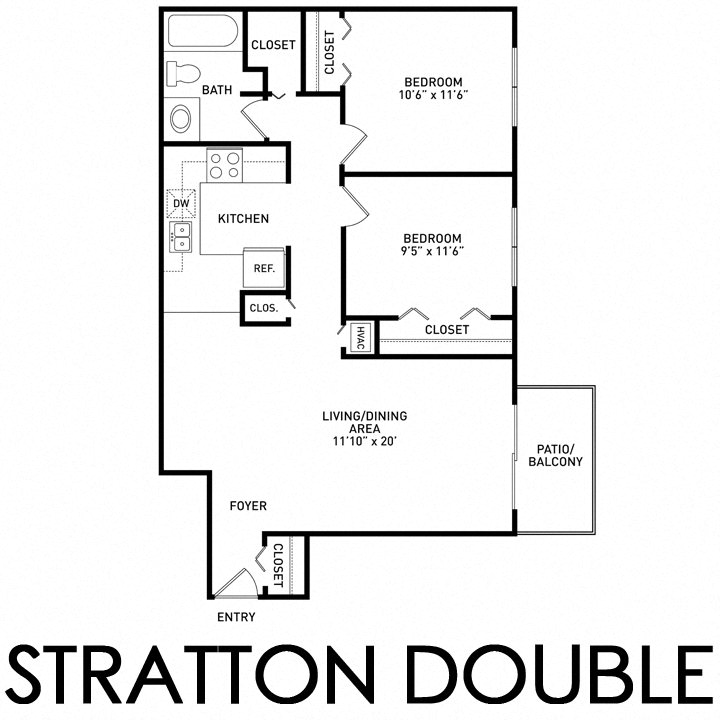 Floor plan for 2 beds, 1 bath, 950 sqft